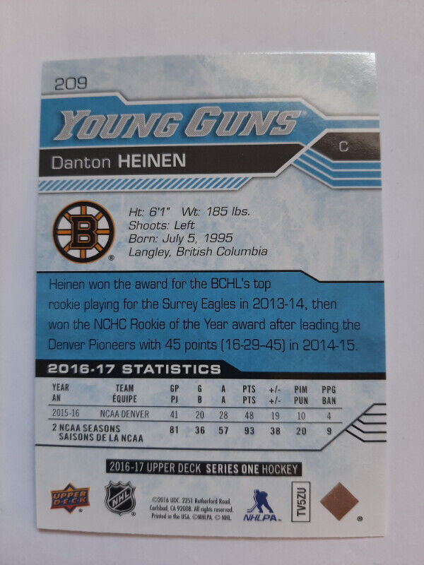 Young Guns - Danton Heinen - 2016-17 Upper Deck Rookie in Arts & Collectibles in Oakville / Halton Region - Image 2