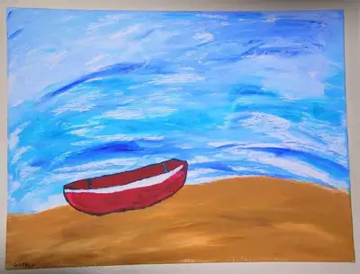 Original Oil on Canvas Painting " Red Boat" Calgary Artist New measures 18 inches X 24 inches $70