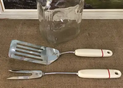 Vintage Red Striped Kitchen Spatula and Meat Fork, View more