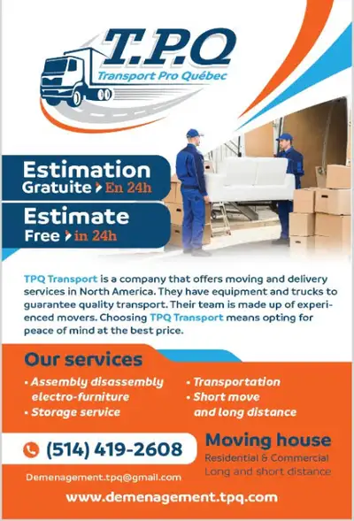 Équipe de déménagement professionnel DISPONIBLE POUR VOUS Camion et chauffeur Possibilité jusqu'à 5...