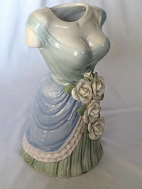 Female In A Peasant Dress Figural Glazed Ceramic Vase with Roses