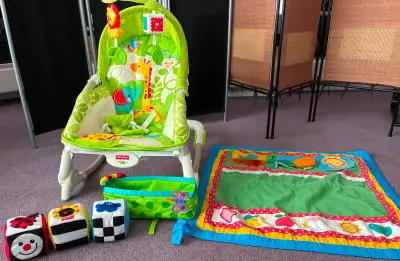 F. Price vibrating bouncer/rocker, F.P. cubes, Activity blanket, View more
