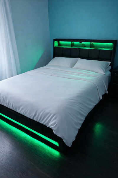 Upholstered double bed, featuring integrated LED lights and convenient storage drawers. Brand new ne...
