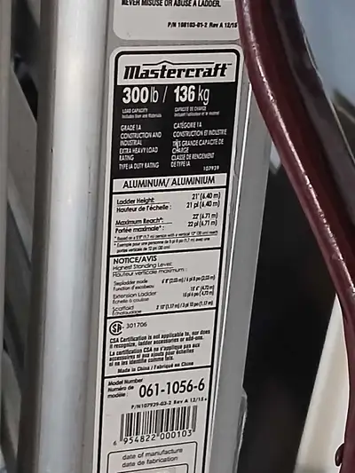 Mastercraft grade 1A Aliminium ladder 21 ft , 300 Ib, View more