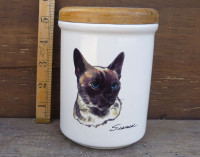 Vintage Siamese Cat Ceramic Jar With Wooden Lid Treat Jar