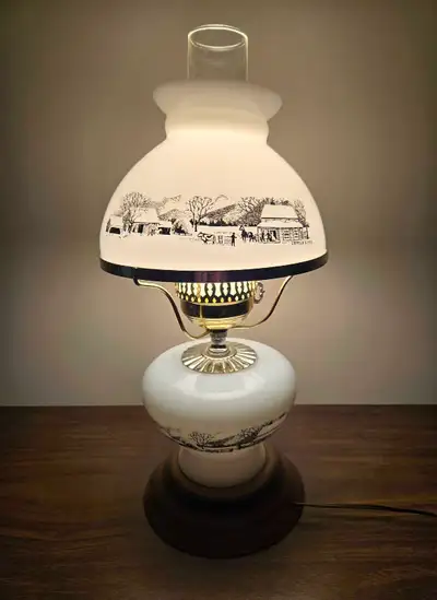 Vintage Currier & Ives Milk Glass Hurricane Lamp, View more