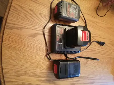 Selling 3 Black and Decker Batteries and Charger. I bought 1 battery last year for $150. Lawn mower...