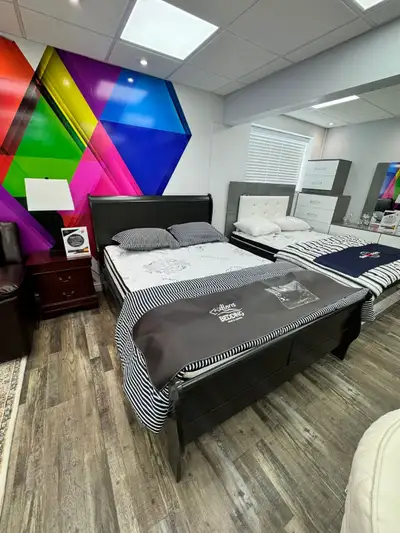 New Regal queen bed dresser and mirror Floor Model Sale, View more