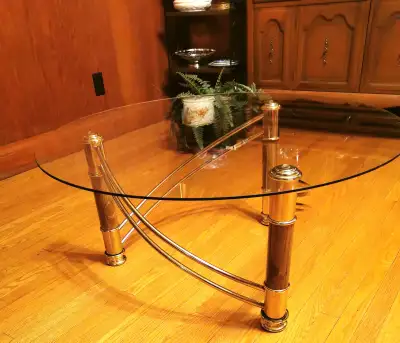 1980s Three Pillar Round Glass & Brass Coffee  Hollywood Regency, View more