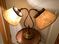 Vtg Brass Dual Articulating Lights with Parchment Shades  Lamp