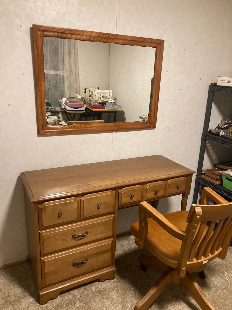 Real Wooden Desk Set w Wheelie Chair and Mirror Desks Fort McMurray