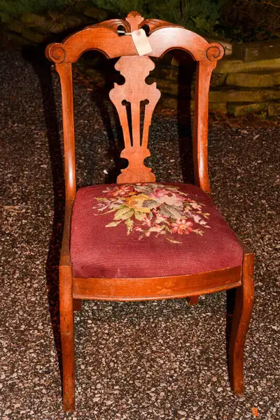Antique ornate chair with quilted cushion, View more