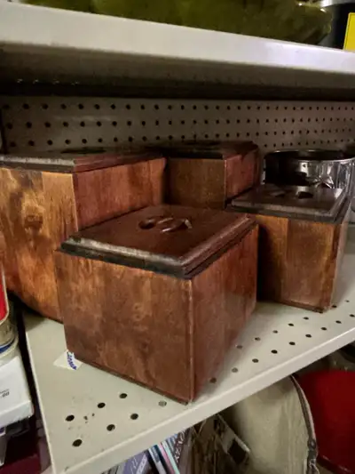 Set of wooden storage boxes with lids. These are great for organizing small items. Open to offers.