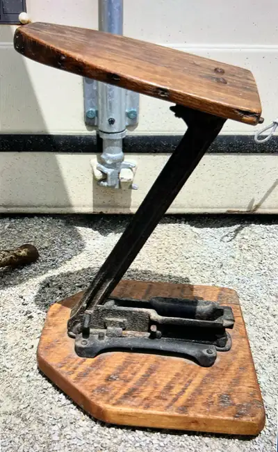 ANTIQUE WOODEN TOP + CAST BODY FOLDING STOOL, View more