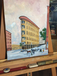 . Beautiful Oil on Canvas Painting of Old City Street Scene Sign