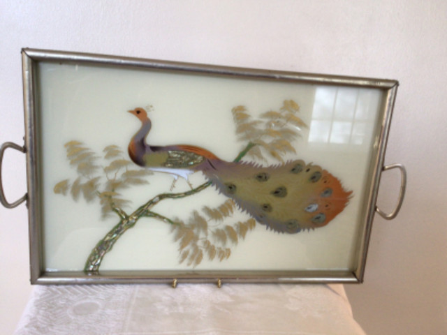 1930s Reverse Painting Abalone Peacock Tray in Arts & Collectibles in Edmonton