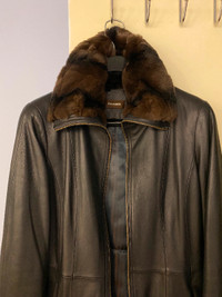 Danier 36" Elegant Leather Jacket: Rabbit fur collar cuffs (S)