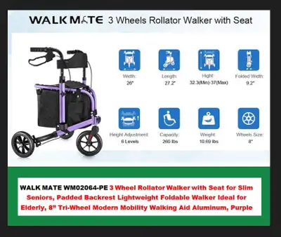 (NEW) Rollator 3 Wheel Lightweight Walker & Seat Foldable PURPLE, View more