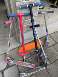 Razor scooters, pogo sticks, skateboard