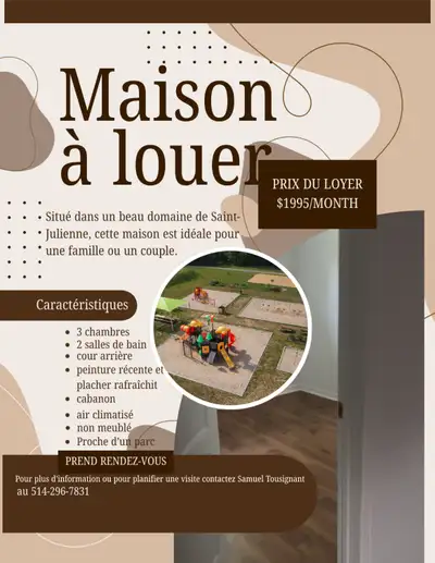Une belle maison à louer pour une famille ou un couple!