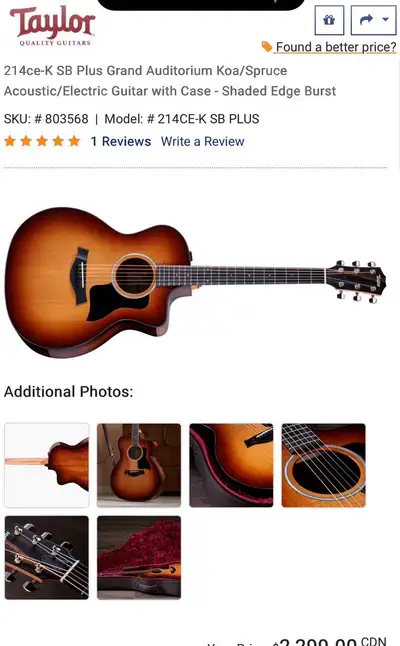 Taylor 214 KOA BS CE Acoustic Guitar , View more