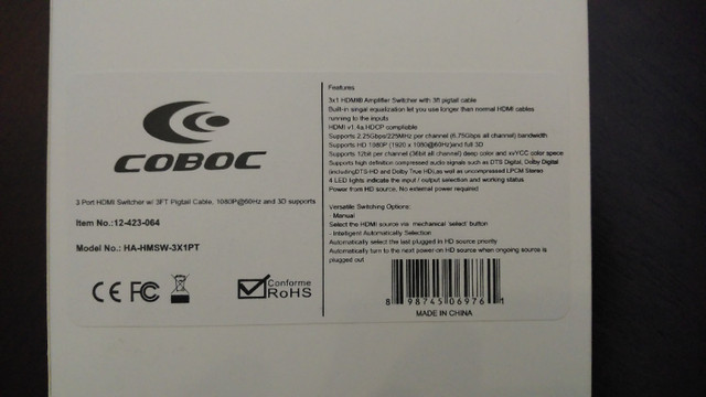 Used Coboc HA-HMSW-3X1PT 3 Port  1 HDMI 1.4 HDCP 1080P Switch in Video & TV Accessories in Mississauga / Peel Region - Image 4