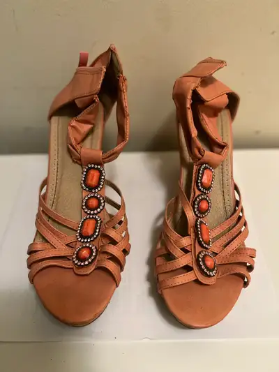 Peach Coral Wedge Sandals with Jewels Size 7.5, View more
