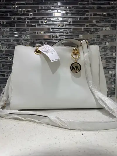 MICHAEL KORS CYNTHIA OPTIC WHITE MD SATCHEL GENUINE LEATHER , View more