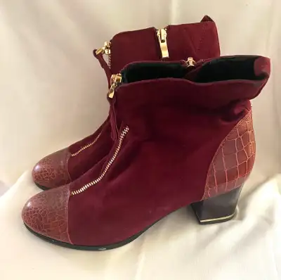 Women's Burgundy Ankle Boots with Faux Crocodile Detail, Size 8, View more
