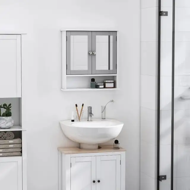 Wall-Mounted Bathroom Mirror Cabinet with Double Doors, Open She in Bookcases & Shelving Units in Markham / York Region - Image 2