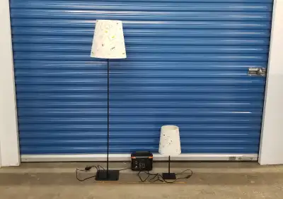 Ikea Grundton floor & table lamp black metal white pattern shade, View more