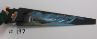 #197    Oil Painting on a Handsaw - Mountain Cabin on a Hill