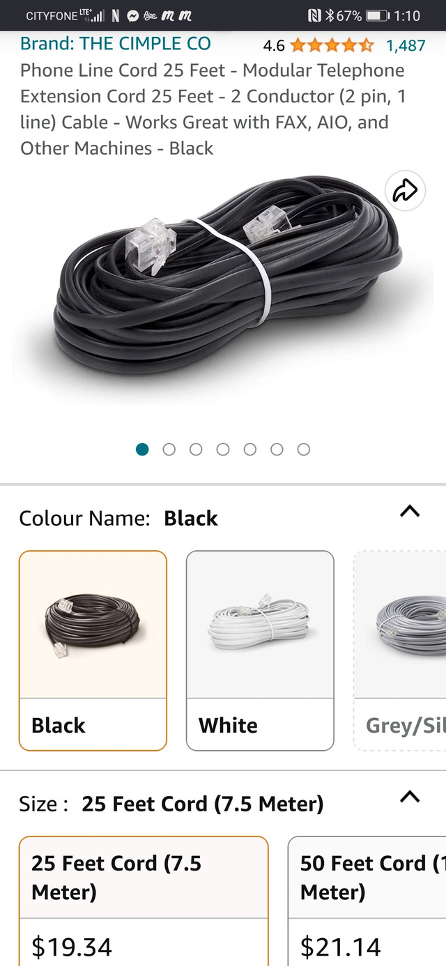 25' phone line cord- male to male in General Electronics in Kitchener / Waterloo