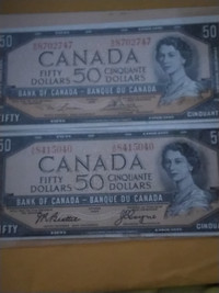 Pair 1954 Canada $50 Banknotes. Error Notes.