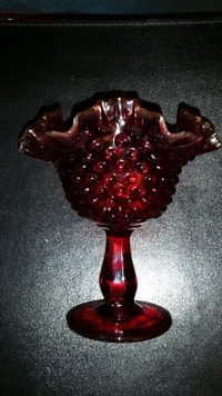 Fenton Ruby Red-Cranberry Hobnail Compote Double Crimped