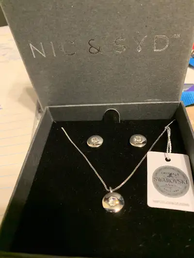 Brand new in box Swarovski jewelry set includes necklace and circular shaped earrings. Perfect gift....