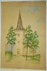Vintage Watercolor painting MO KYRKA on paper by N.Erickson 1938