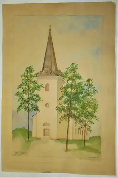 Vintage Watercolor painting MO KYRKA on paper by N.Erickson 1938 Mo Kyrka, in Halsingland, Sweden, w...
