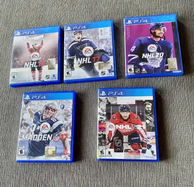 Selling a collection of used PS4 sports games featuring titles like NHL 16, NHL 17, NHL 20, NHL 21,...