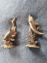 2 PEWTER DOLPHINS JUMPING IN THE SEA SURF WAVES