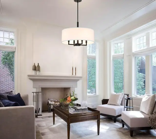 Farmhouse 4-Light Drum Chandelier with White Fabric Shade - Blac in Indoor Lighting & Fans in Mississauga / Peel Region - Image 7