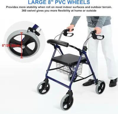Living Basics Four-wheel Walker/ Rollator. Aluminum with fold-up removable back support. Comes with...