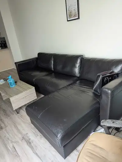 Black Leather Sectional Sofa with Pull-Out Bed and Storage, View more