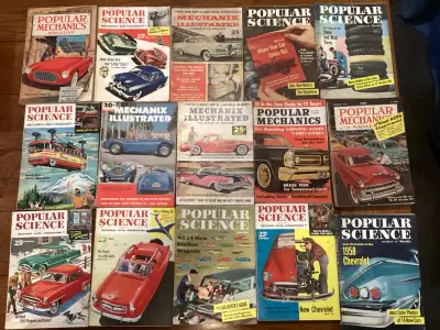 Old magazines from Popular Mechanics and Mechanics Illustrated, all the covers related to car enthus...