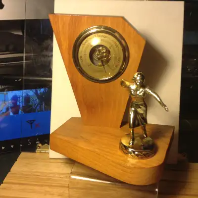 Antiques Trophy Wood Base Figure Barometer Payments: PayPal , Canada Cheque , Cash Shipping Fee