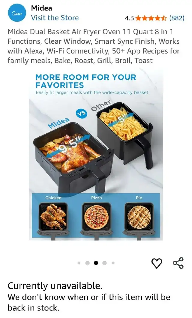 Midea Dual Basket Air Fryer Oven 11 Quart 8 in 1 Functions in Other in City of Toronto - Image 3