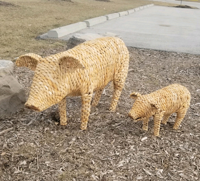 Large MCM Woven Rattan Wicker Pig Sculpture w. Piglet  in Arts & Collectibles in City of Toronto