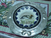 Hand Made Painted Mexican Ceramic Plate Mounted In Pewter Frame