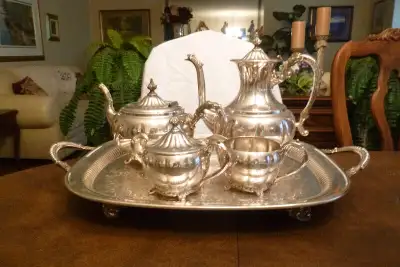 Birks Silver plate Primrose Tea & Coffee Service set with tray: includes Coffee pot, tea pot, lidded...