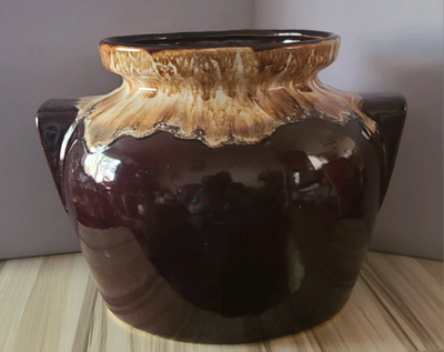 Roseville Pottery brown drip glaze bean pot., View more
